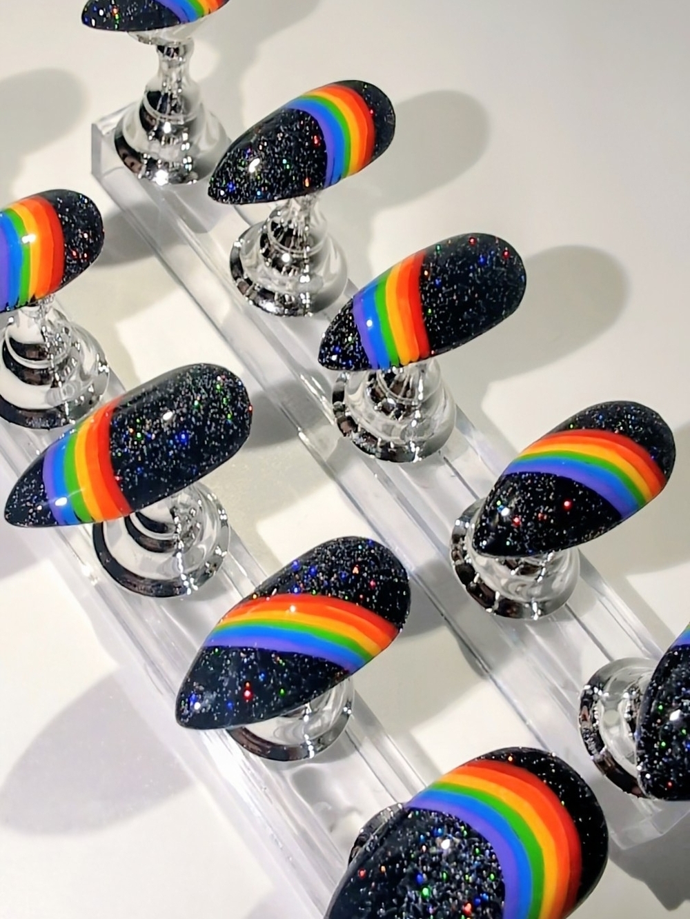 Handmade Holographic Glitter Rainbow Pride Cosmic Prism Press On Nails